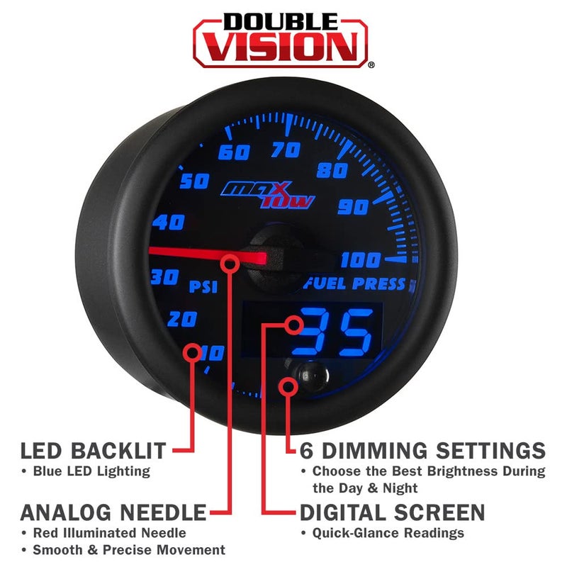 MaxTow Double Vision 100 PSI Fuel Pressure Gauge Kit - Includes 1/8-27 NPT Electronic Sensor & Wiring - Black Dial - Blue LED Lighting - Analog & Digital Readouts - for Trucks - 2-1/16" 52mm - Image 4